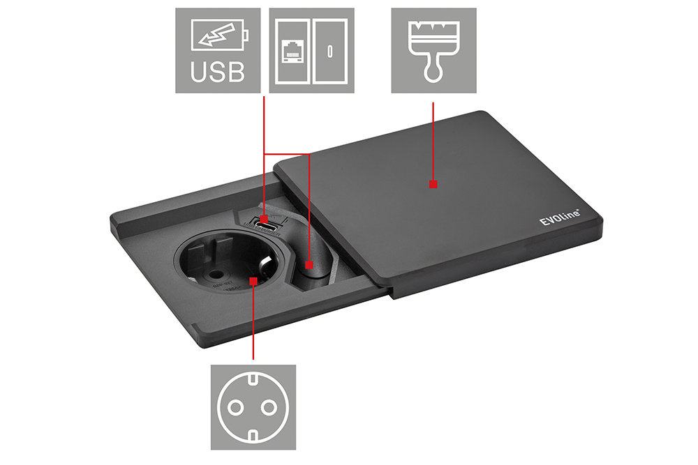 Square80 personnalisable avec des prises internationales, des connexions de données et multimédia, un chargement sans fil et différentes couleurs Square80 personnalisable avec des prises internationales, des connexions de données et multimédia, un chargement sans fil et différentes couleurs