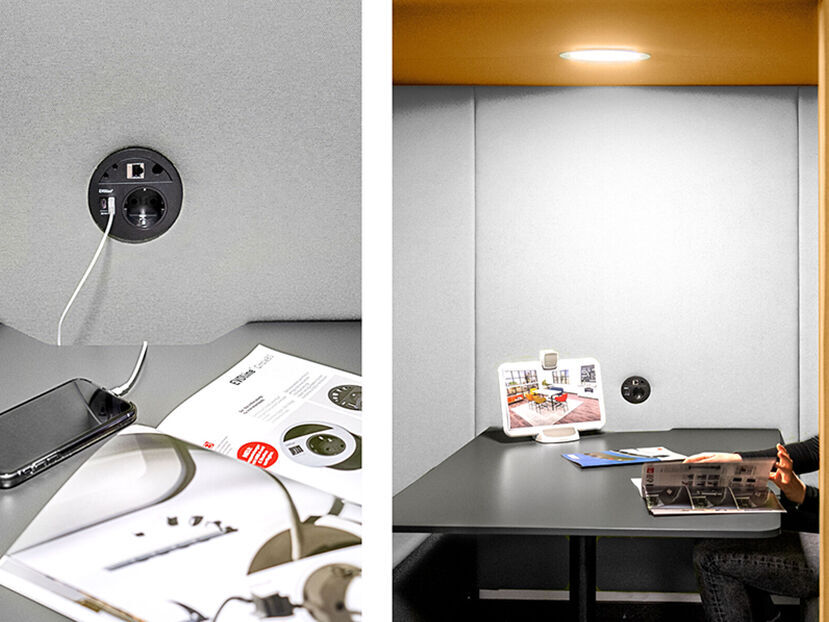 Flexible Stromversorgung für Besprechungskabinen und Coworking Spaces Modulare Steckdosensystem Circle80 mit Strom- und Datenanschluss
